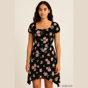 ULTRA-FLIRT casual rose print A-line dress S ruched NWT